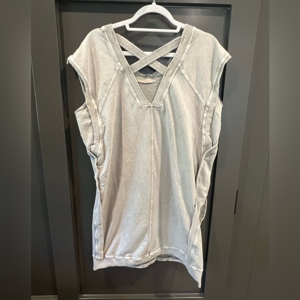 easel sleeveless tan sweatshirt dress with crisscross back - Picture 3 of 5